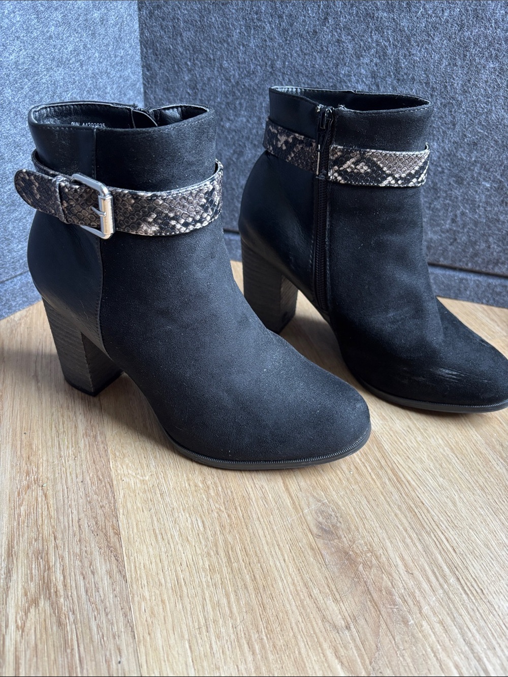 Black Ankle Booties with Snake-Print Buckle Strap